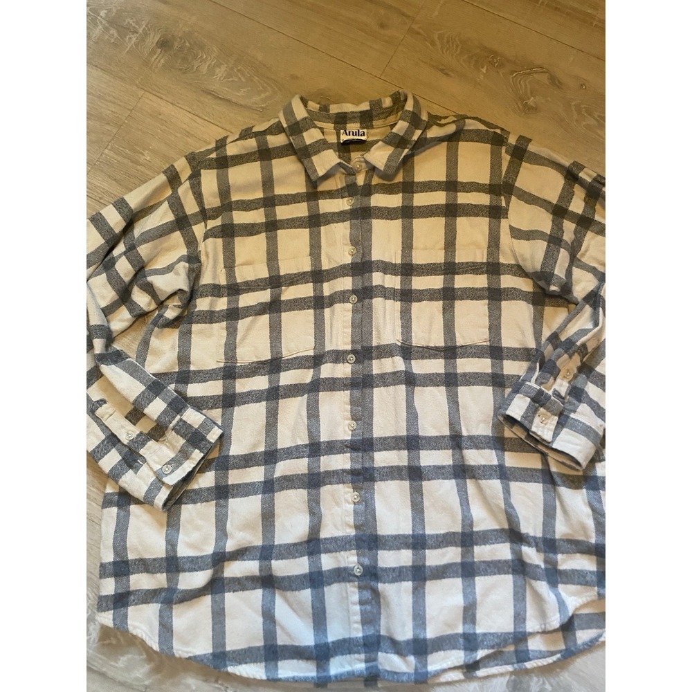 Arula Plaid Flannel Button Front Shirt Women's 2X Gray White 100% Cotton